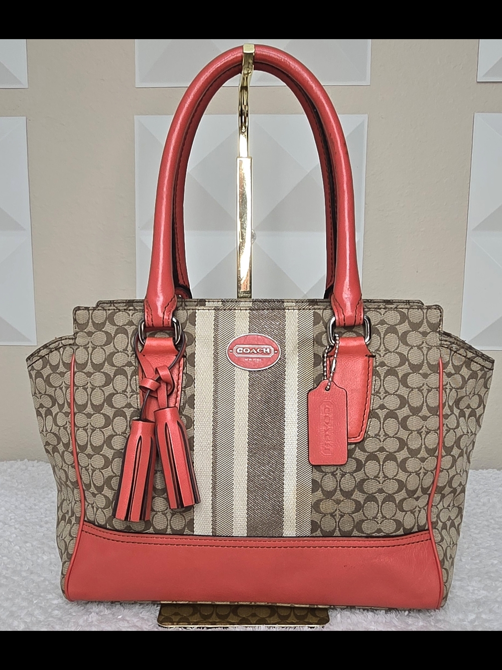 Coach Legacy Signature Stripe Satchel Coral Red Leather Trim Tassel Bag 19815
